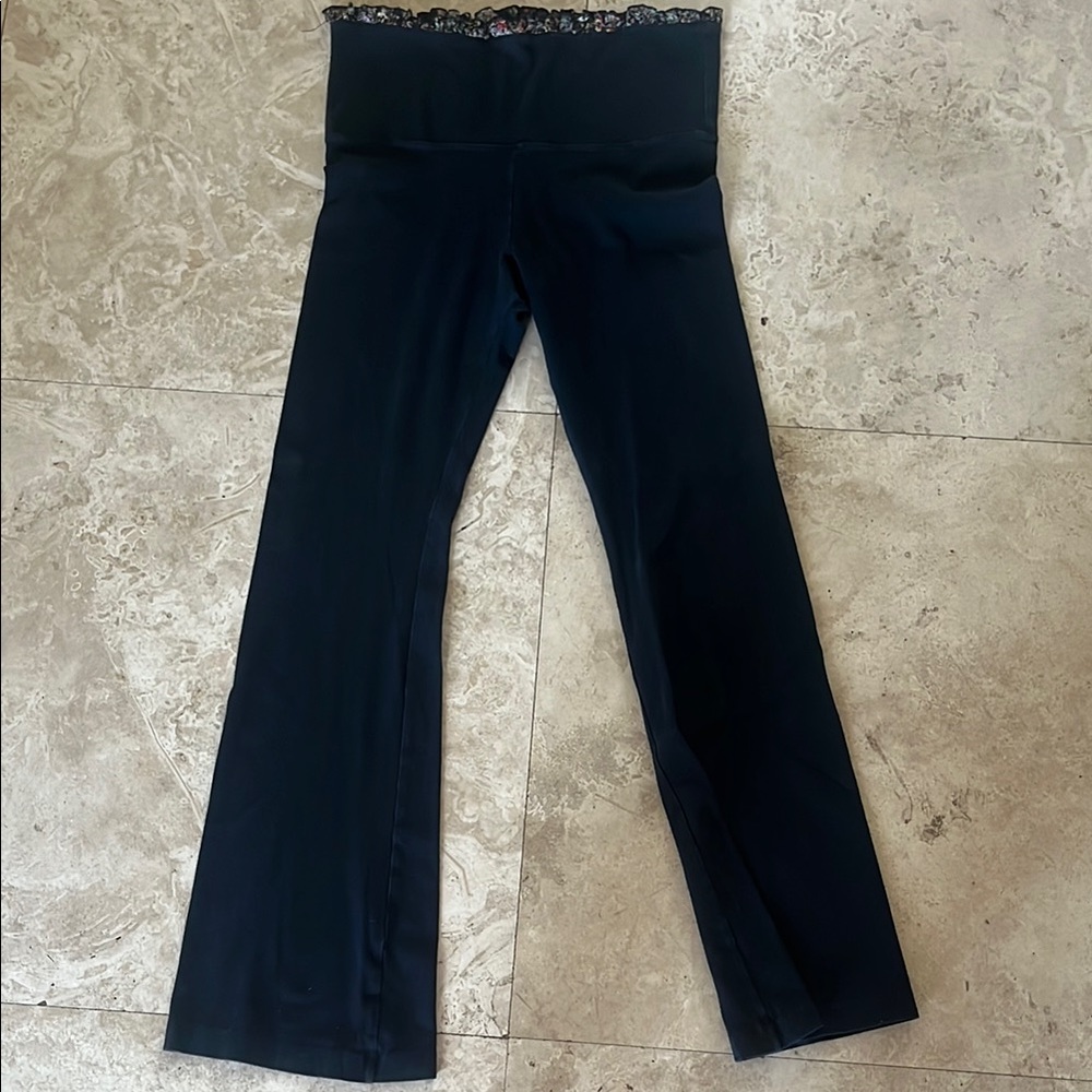Black Yoga Pants with Floral Lace Waistband